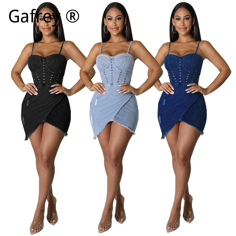 Ruched Dress Mini - เดรสยีนส์เซ็กซี่แขนกุดสำหรับสาวพลัสไซส์ ทรงเอวสูง แต่งระบาย พร้อมเชือกรูด ชุดลำลองสไตล์สตรีทสำหรับฤดูร้อน