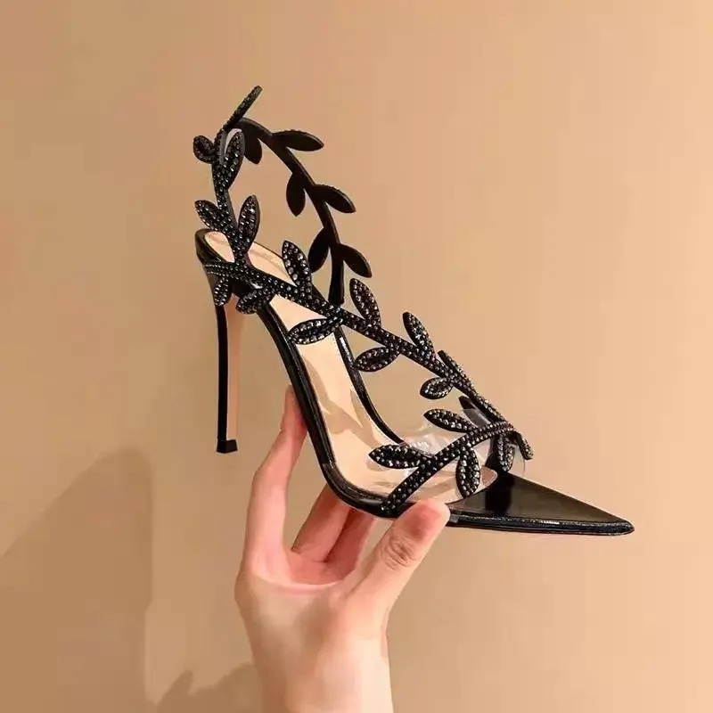 Women'S Fashion For Summer 2025 - ฤดูร้อนใหม่ 2025 Golden สาขาและหยกใบรองเท้าส้นสูงสีดํา Pointed TIP