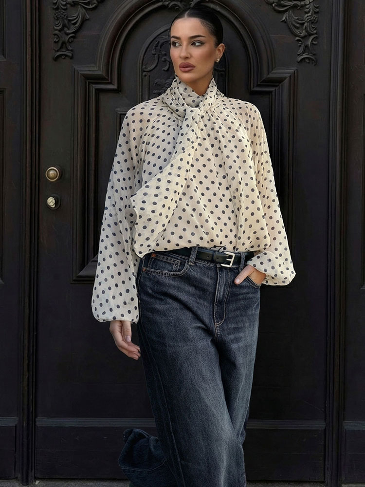 Women'S Fashion Trends 2026 Spring Summer - เสื้อเชิ้ตแฟชั่นวินเทจลายจุดสำหรับผู้หญิง แขนยาว แต่งโบว์ผูกเชือก เสื้อผู้หญิงสไตล์หรูหรา สตรีทแวร์ 2026