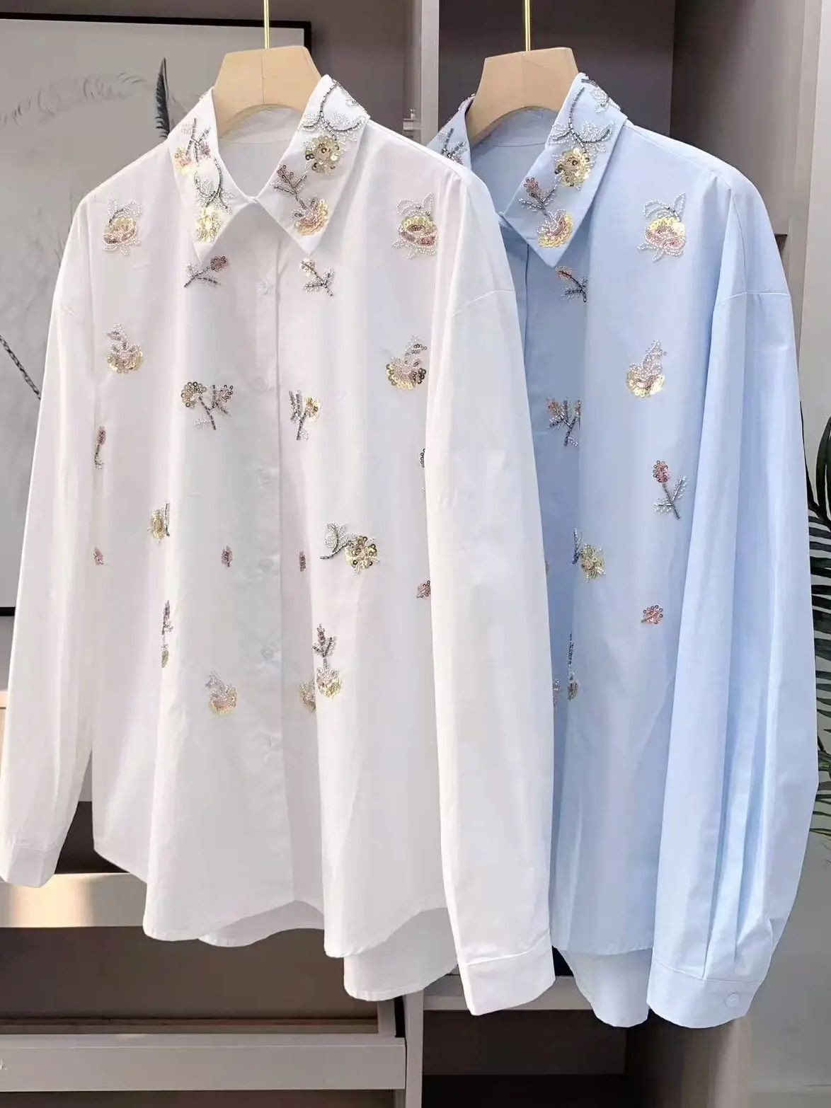 Women'S Fashion Trends 2026 Spring Summer - เสื้อเบลาส์ผ้าฝ้ายปักเลื่อมมุกหรูหราสำหรับผู้หญิง คอลเลคชั่นฤดูใบไม้ผลิ-ฤดูร้อน 2026 แฟชั่นใหม่ สไตล์หลวมๆ สบายๆ