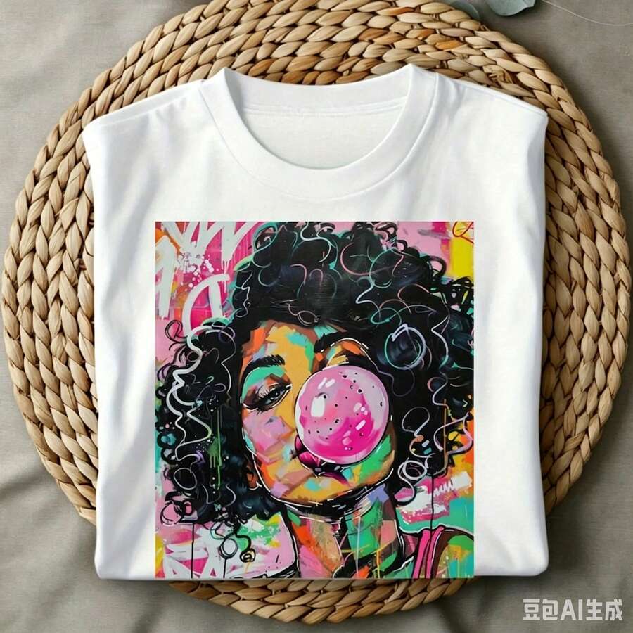Women'S Fashion Trends 2026 Spring Summer - เสื้อยืดพิมพ์ลายสาวผมหยิกสไตล์ป๊อปอาร์ต ฟังกี้ วีคเอนด์ ไวบ์ส กำลังเป่าหมากฝรั่ง สำหรับผู้หญิง