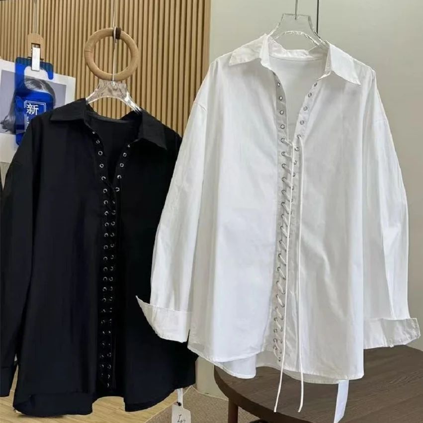 Women'S Fashion Trends 2026 Spring Summer - เสื้อเชิ้ตผ้าฝ้ายสีดำขาว ดีไซน์โดดเด่น สำหรับผู้หญิง ฤดูใบไม้ผลิ ฤดูร้อน ฤดูใบไม้ร่วง
