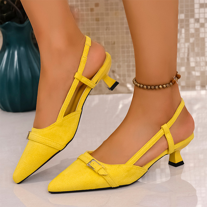Women'S Fashion For Summer 2025 - แฟชั่นรองเท้าส้นสูงสีเหลืองรองเท้าแตะผู้หญิงตกแต่งหัวเข็มขัดชี้ Toe รองเท้าแตะ 2025 ฤดูร้อน Slingback