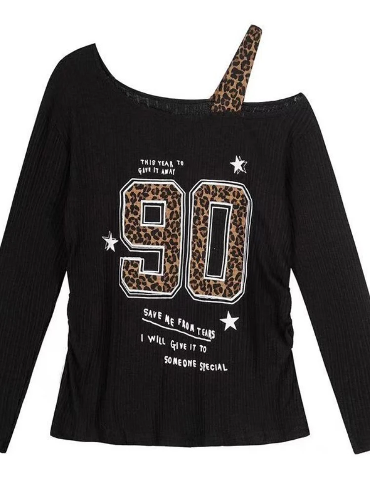 Women'S Fashion Tops - เสื้อยืดลายเสือดาวสไตล์ Y2K แบบแพทช์เวิร์คสำหรับผู้หญิง ทรงหลวม สตรีทแวร์ สไตล์กรันจ์