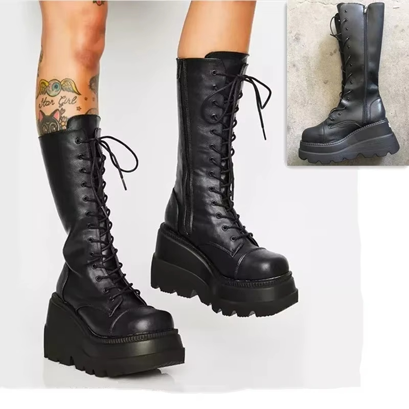 Women'S Fashion Knee High Boots - รองเท้าบูทแพลตฟอร์มสำหรับผู้หญิง สไตล์พังก์ ความยาวระดับกลางน่อง รองเท้าบูทสไตล์กอธิค พื้นหนา รองเท้าบูทมอเตอร์ไซค์สไตล์อัศวิน