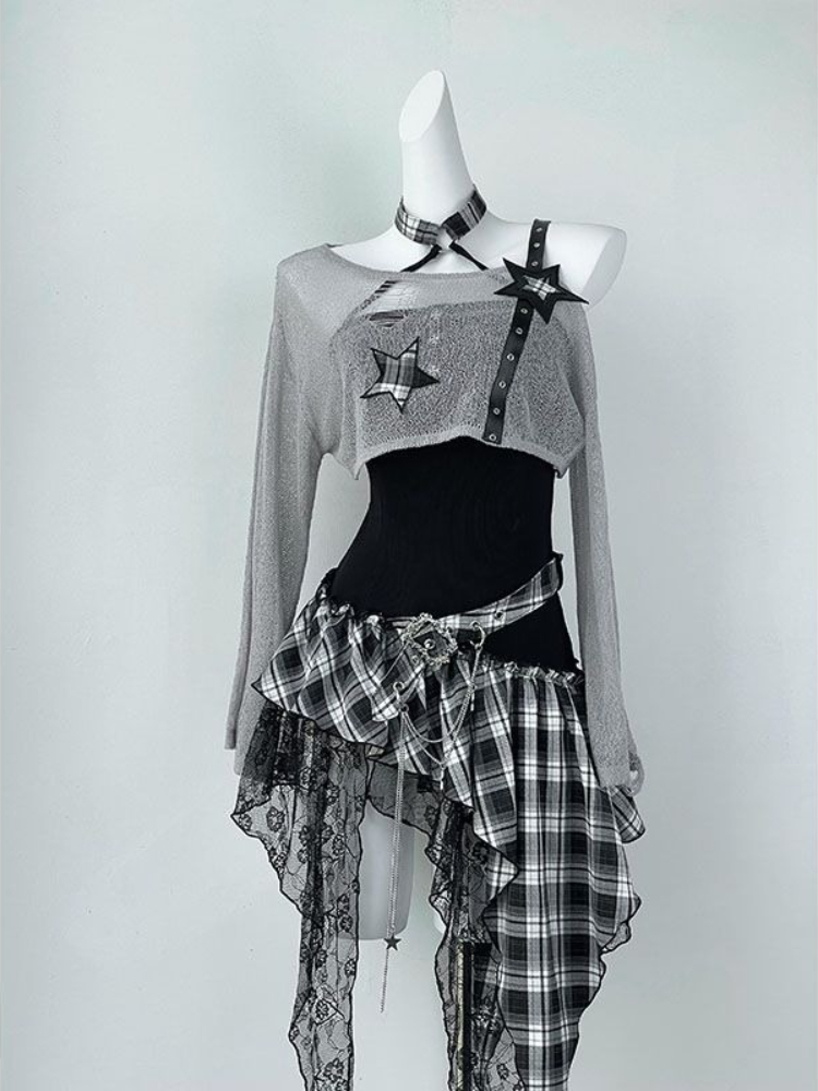 Ruched Dress Mini - 2000s Y2Kสาวเผ็ดออกแบบไม่สม่ําเสมอชุดลายสก๊อตSplicedชุดราตรีชุดผู้หญิงบางแขนยาวป้องกันแสงแดดCover-Upชุด