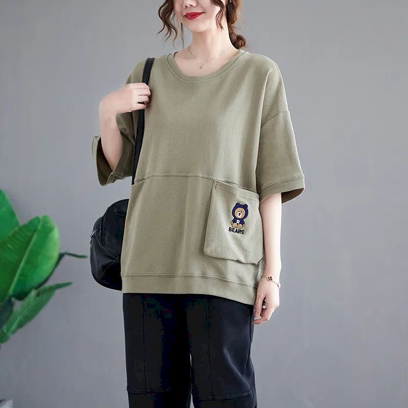 Women'S Fashion Trends 2026 Spring Summer - เสื้อยืดผ้าฝ้ายผู้หญิง แฟชั่น เสื้อยืดทรงหลวม มีกระเป๋า ปักลาย ดีไซน์ปะติด