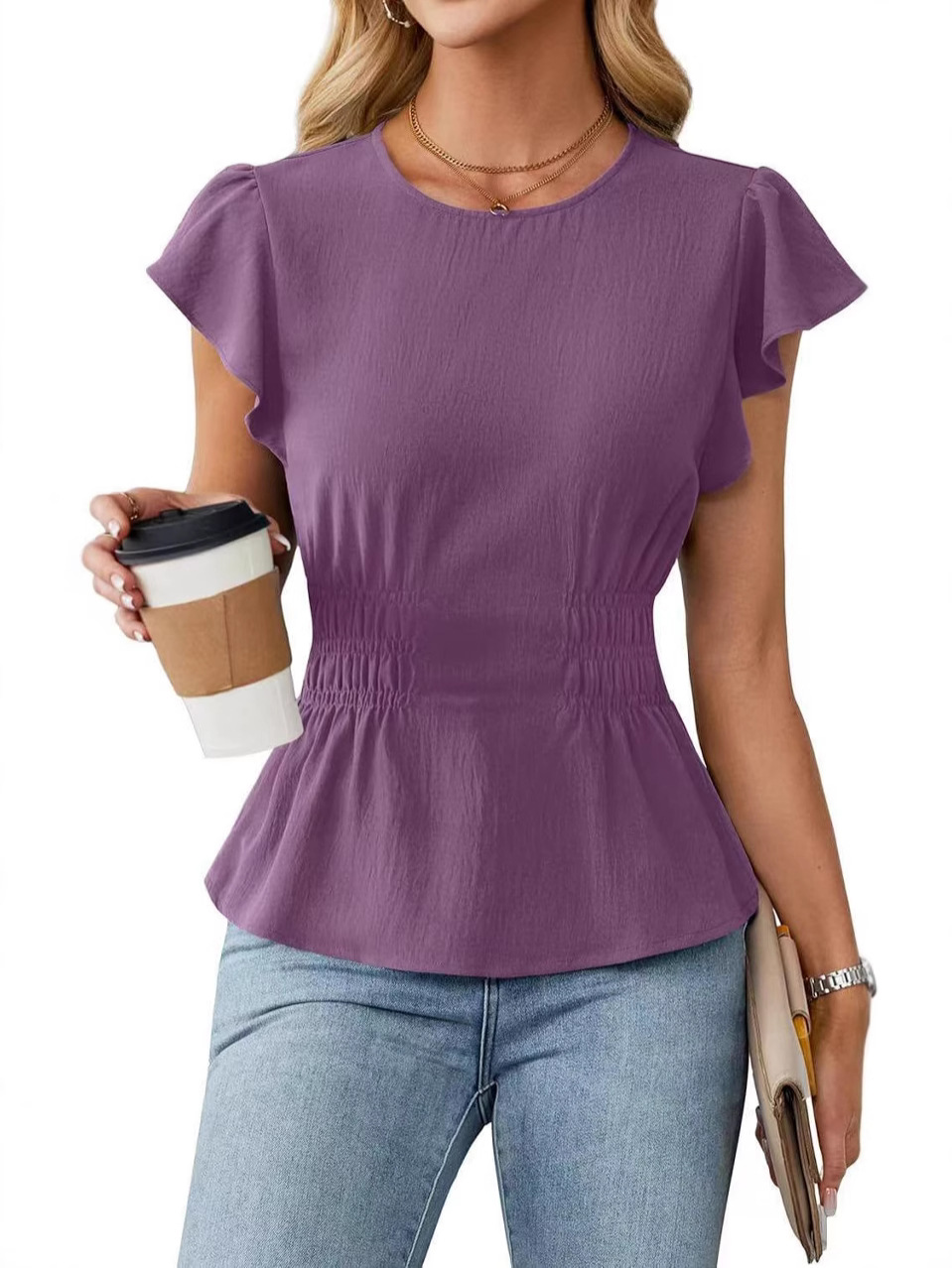 Women'S Fashion Tops - เสื้อผู้หญิงแขนสั้นแต่งระบาย คอทรงกลม เอวสม็อค ทรงเพปลัม เสื้อทรงเข้ารูปสีพื้นลำลอง